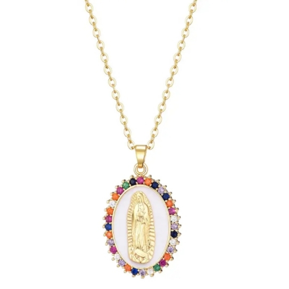 Gold Virgin Mary Rhinestone Necklace - Picture 4 of 7